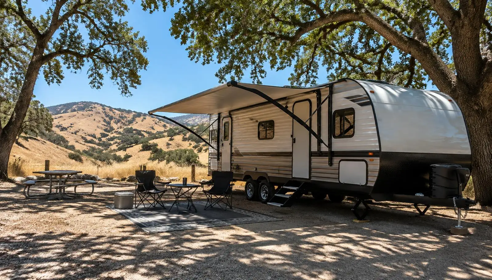 Travel trailer parked in oak shade with the awning out on a hot day in golden hills