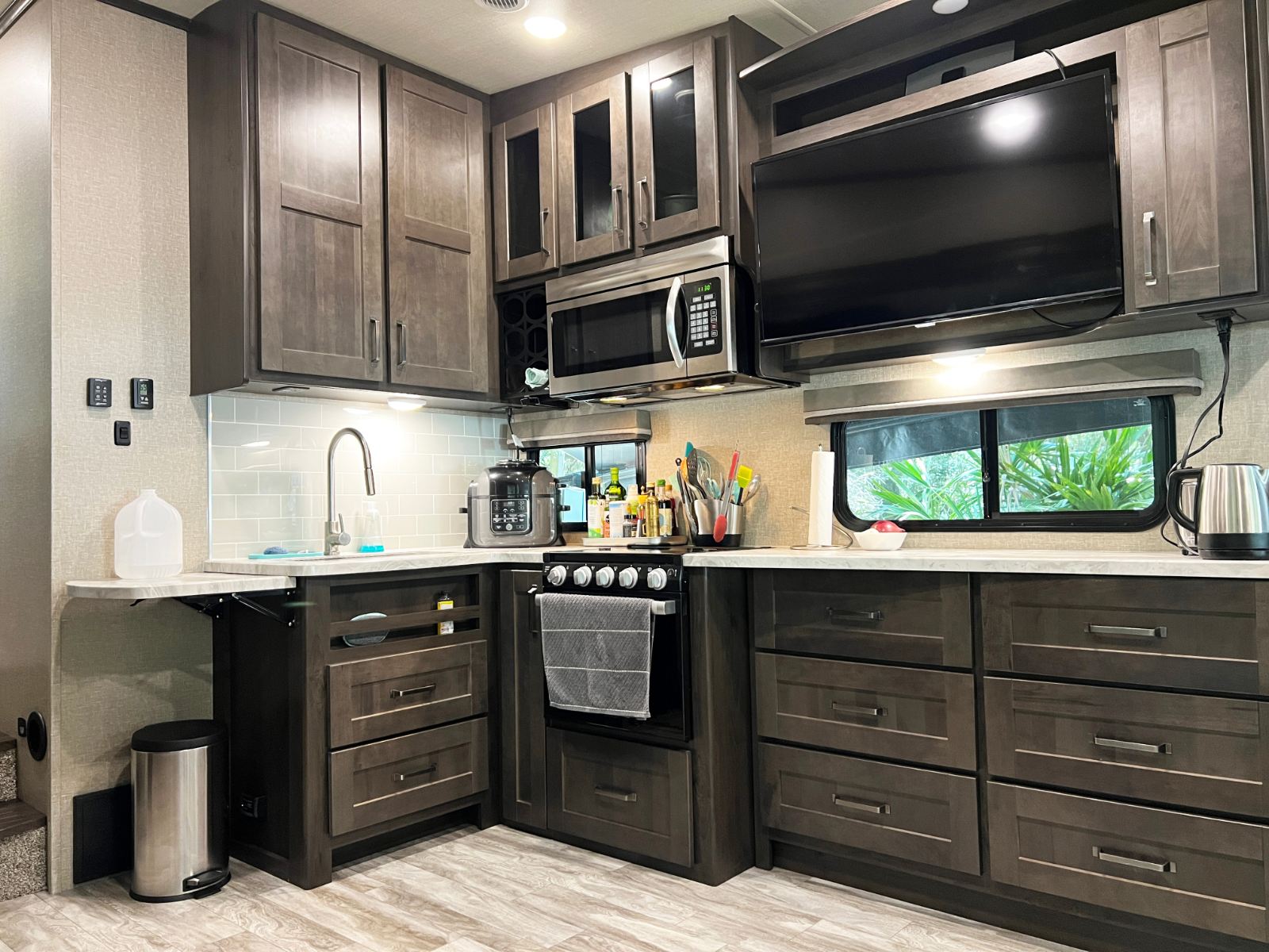 kitchen in a luxury fifth wheel trailer